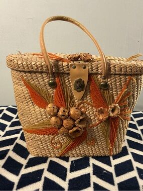 Woven Straw Tote Bag with Orange Floral Embroidery